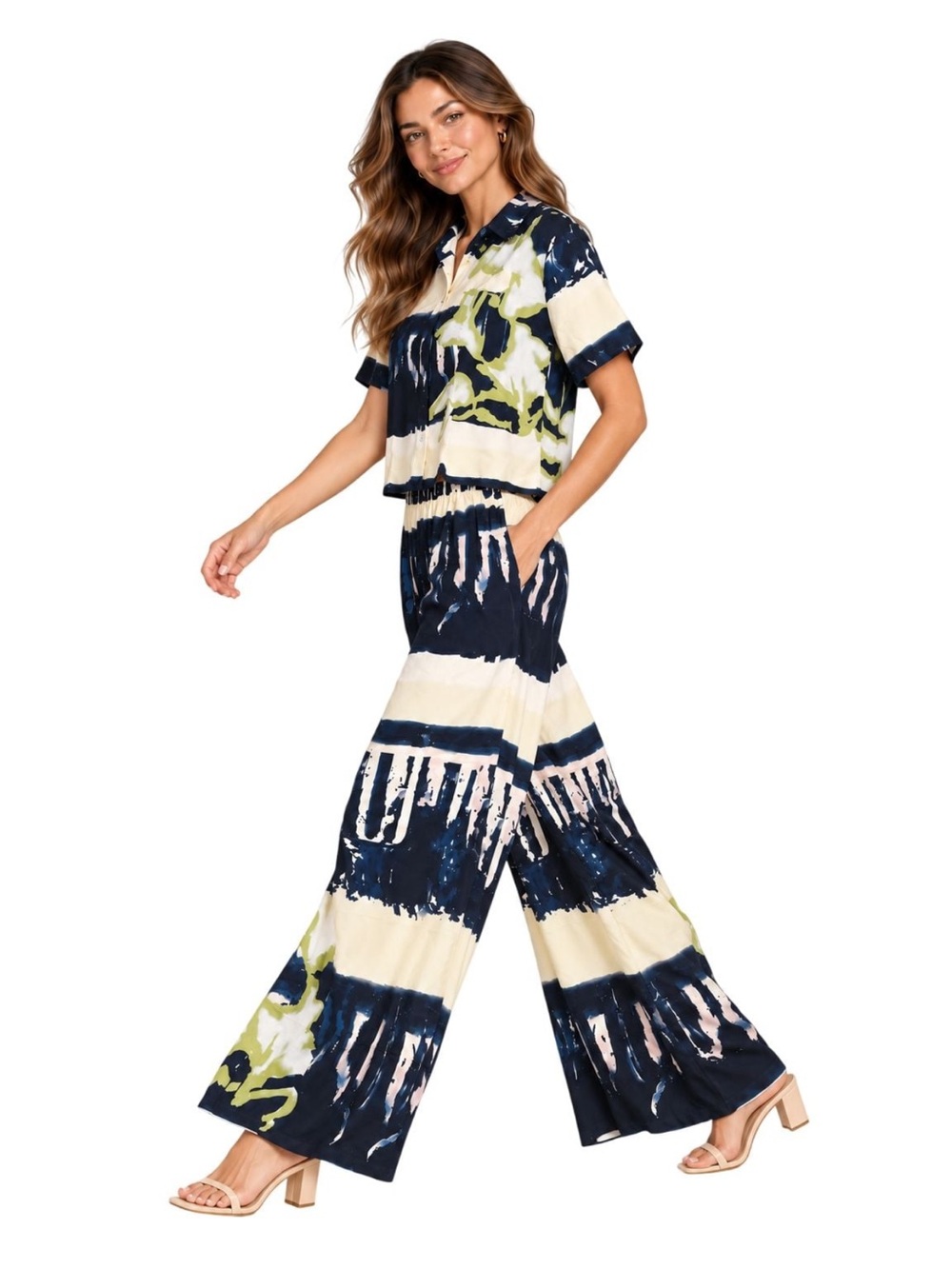 Abstract Print Two-Piece Shirt & Wide-Leg Pants Set Small NEW